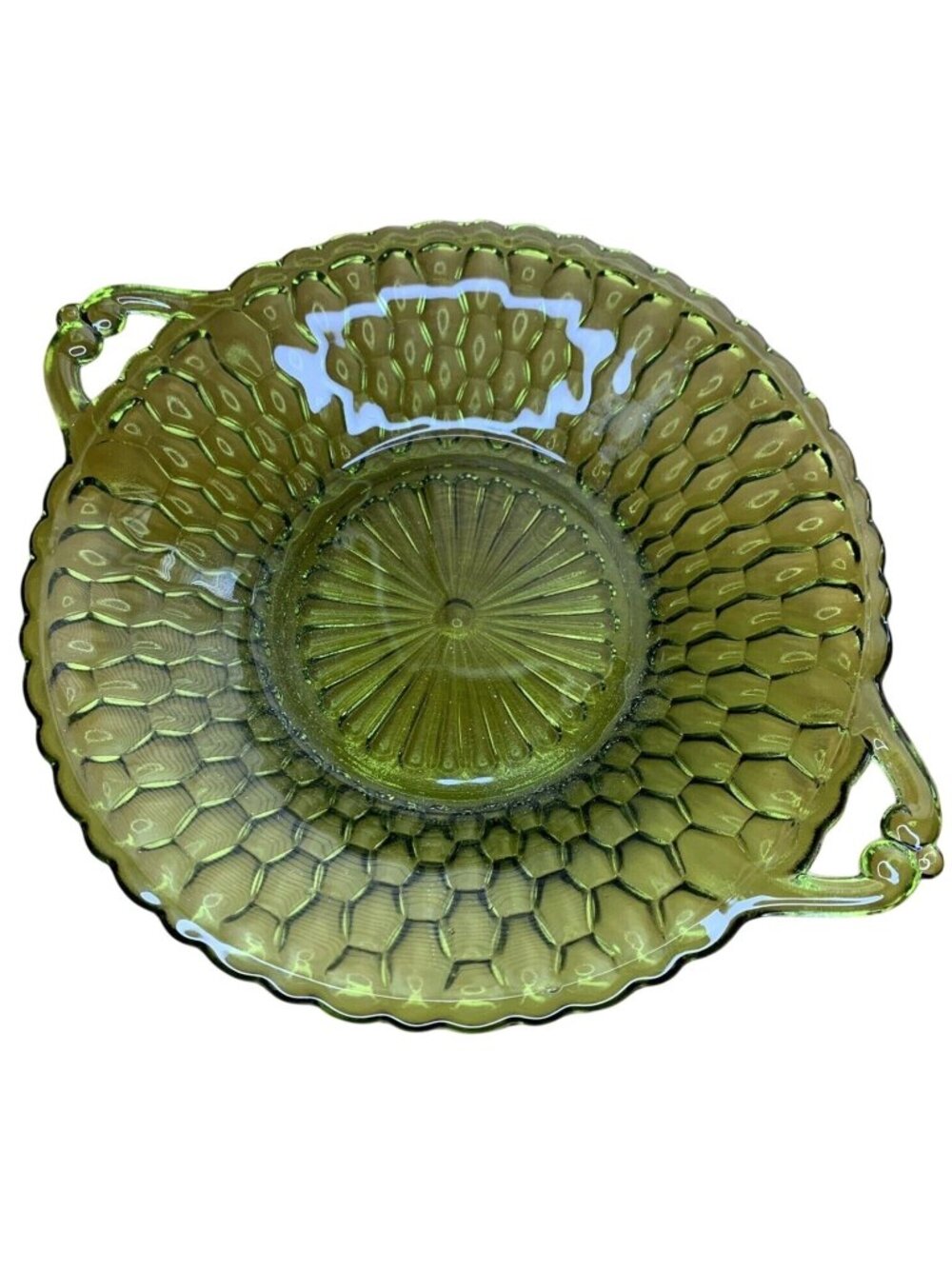 Green Honeycomb Glass Serving Bowl With Handles Candy Dish 9 Inch
